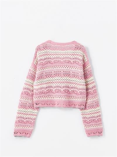 Marta - Örgü Detaylı Çizgili Triko Hırka - Pembe