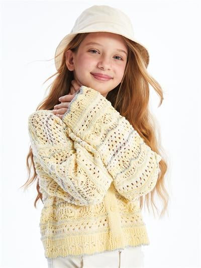 Marta - Örgü Detaylı Çizgili Triko Hırka - Sarı