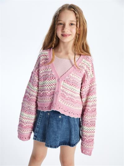 Marta - Örgü Detaylı Çizgili Triko Hırka - Pembe