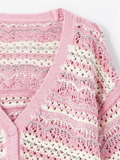 Marta - Örgü Detaylı Çizgili Triko Hırka - Pembe