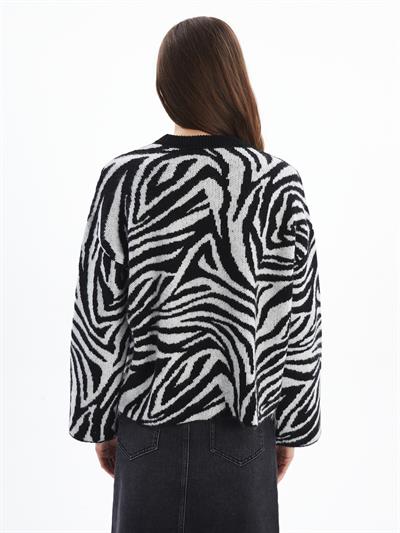 Messina - Zebra Desen Örgü Detaylı Bisiklet Yaka Kazak - Zebra Renk