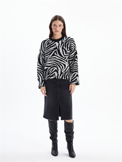 Messina - Zebra Desen Örgü Detaylı Bisiklet Yaka Kazak - Zebra Renk