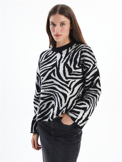 Messina - Zebra Desen Örgü Detaylı Bisiklet Yaka Kazak - Zebra Renk