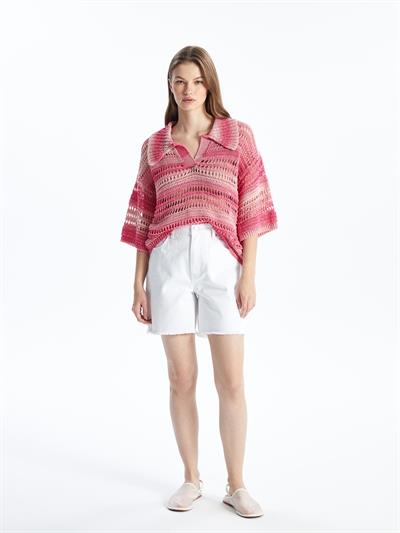 Miami - Örgü Detaylı Çizgili Kısa Kollu Triko Bluz - Pembe Stripe