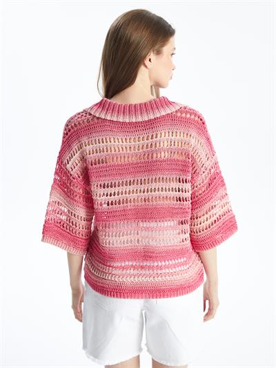 Miami - Örgü Detaylı Çizgili Kısa Kollu Triko Bluz - Pembe Stripe