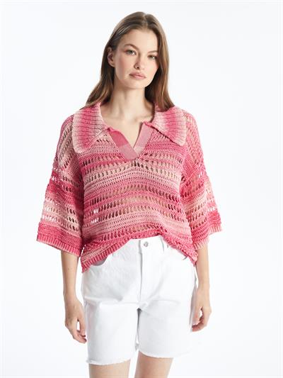 Miami - Örgü Detaylı Çizgili Kısa Kollu Triko Bluz - Pembe Stripe