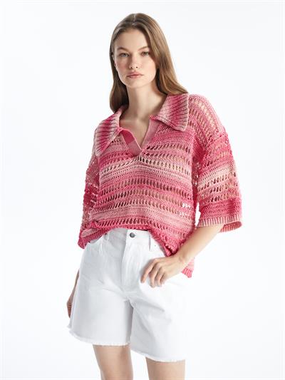 Miami - Örgü Detaylı Çizgili Kısa Kollu Triko Bluz - Pembe Stripe