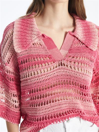 Miami - Örgü Detaylı Çizgili Kısa Kollu Triko Bluz - Pembe Stripe