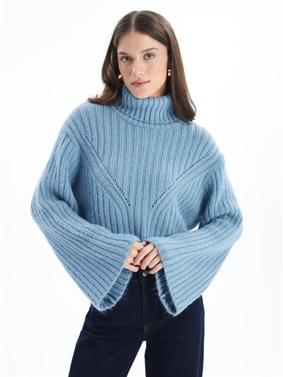 Milos - Örgü ve Boğazlı Yaka Kazak - Mavi Renk