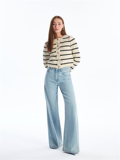 Modena - Lacivert Çizgili Triko Uzun Kollu Hırka - Lacivert-Ekru