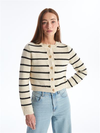 Modena - Lacivert Çizgili Triko Uzun Kollu Hırka - Lacivert-Ekru