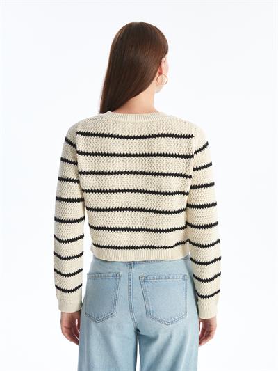 Modena - Lacivert Çizgili Triko Uzun Kollu Hırka - Lacivert-Ekru