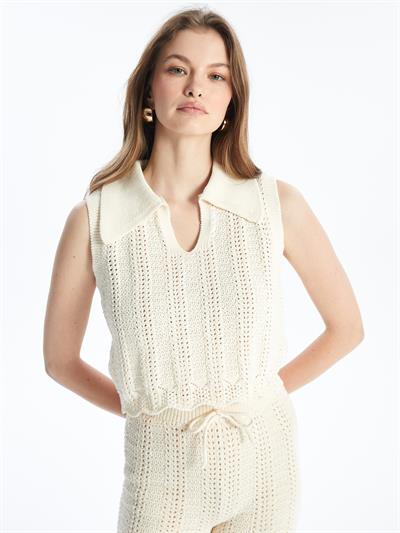 Molise - Örgü Detaylı Ajur Desenli Gömlek Yaka Triko Bluz - Ekru