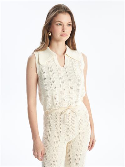 Molise - Örgü Detaylı Ajur Desenli Gömlek Yaka Triko Bluz - Ekru