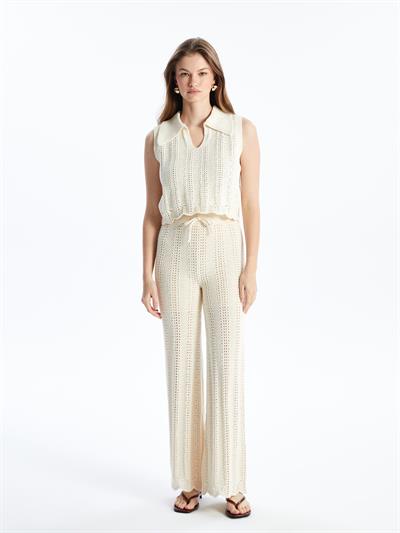 Molise - Örgü Detaylı Ajur Desenli Gömlek Yaka Triko Bluz - Ekru