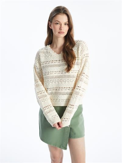 Monjito - Örgü Detaylı Ajur Desenli V Yaka Triko Bluz - Ekru