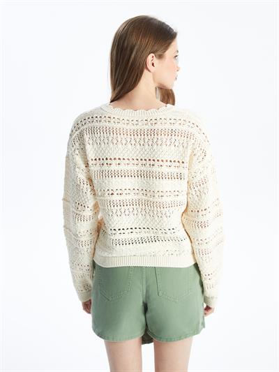 Monjito - Örgü Detaylı Ajur Desenli V Yaka Triko Bluz - Ekru