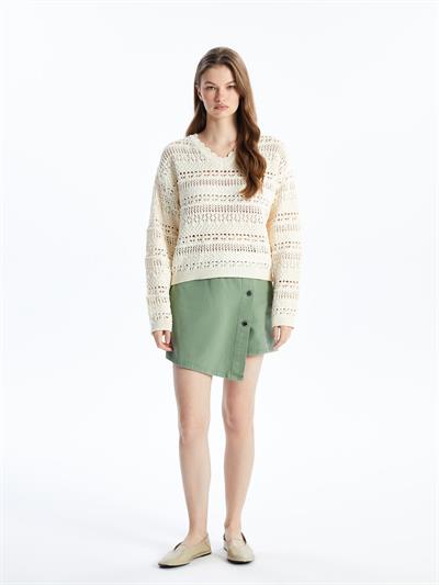 Monjito - Örgü Detaylı Ajur Desenli V Yaka Triko Bluz - Ekru