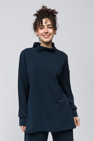 Monza - Balıkçı Yaka Yanları Yırtmaç Detaylı Düz Modal Sweatshirt - Lacivert Renk