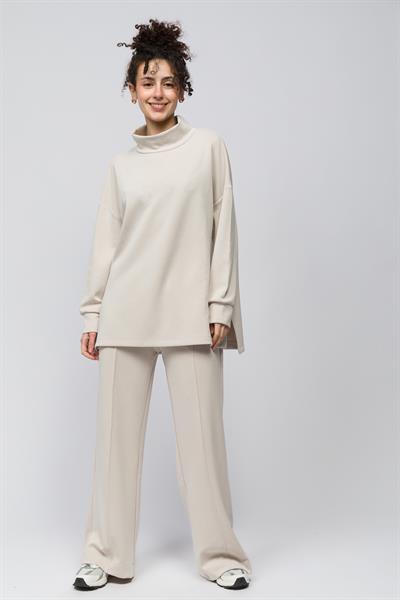 Monza - Balıkçı Yaka Yanları Yırtmaç Detaylı Düz Modal Sweatshirt - Taş Renk