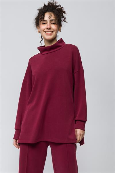 Monza - Balıkçı Yaka Yanları Yırtmaç Detaylı Düz Modal Sweatshirt - Bordo Renk
