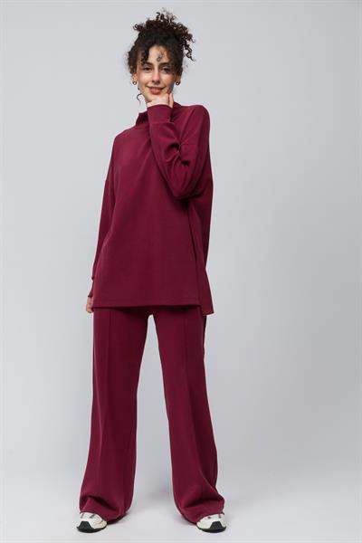 Monza - Balıkçı Yaka Yanları Yırtmaç Detaylı Düz Modal Sweatshirt - Bordo Renk