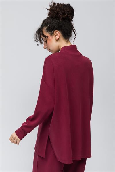 Monza - Balıkçı Yaka Yanları Yırtmaç Detaylı Düz Modal Sweatshirt - Bordo Renk