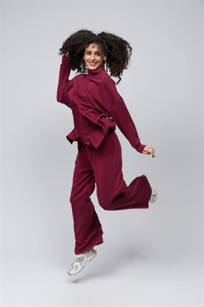 Monza - Balıkçı Yaka Yanları Yırtmaç Detaylı Düz Modal Sweatshirt - Bordo Renk