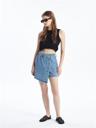 N009064 - Düz Mini Denim Şort Etek - Açık Mavi