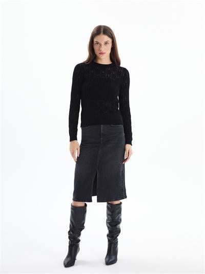 Nelson - Ajur Desenli Bisiklet Yaka Rahat Kalıp Kazak - Siyah Renk