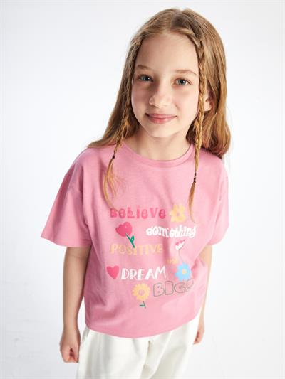 Olinda - Örme Baskı Detaylı Tshirt - Pembe Renk