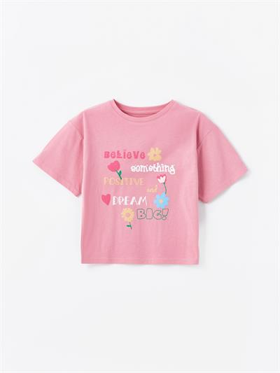 Olinda - Örme Baskı Detaylı Tshirt - Pembe Renk
