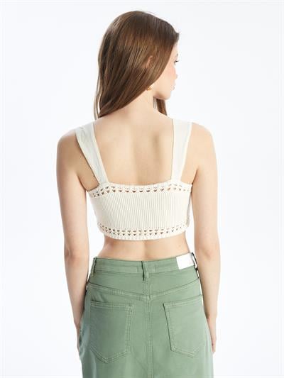 Örgü Detaylı Askılı Triko Büstiyer - Ekru Renk
