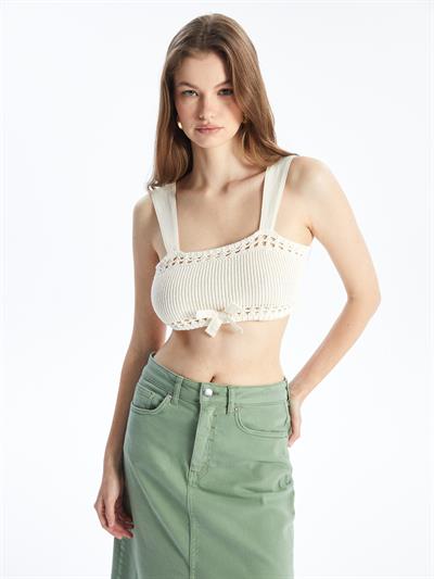 Örgü Detaylı Askılı Triko Büstiyer - Ekru Renk