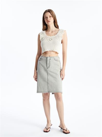 Örgü Detaylı Askılı Triko Crop - Ekru Renk