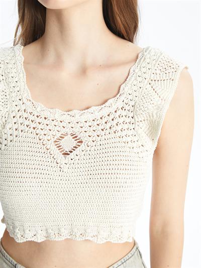Örgü Detaylı Askılı Triko Crop - Ekru Renk