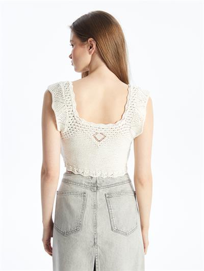 Örgü Detaylı Askılı Triko Crop - Ekru Renk