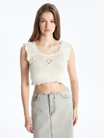 Örgü Detaylı Askılı Triko Crop - Ekru Renk