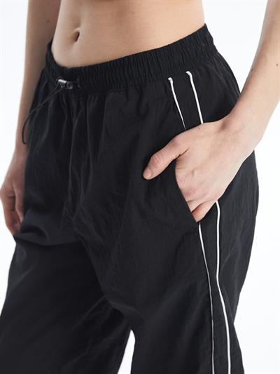Paracutte - Beli Lastikli Yanı Beyaz Şeritli Paraşüt Pantolon - Siyah