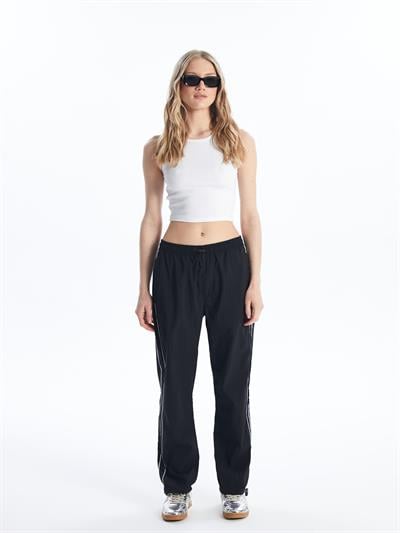 Paracutte - Beli Lastikli Yanı Beyaz Şeritli Paraşüt Pantolon - Siyah