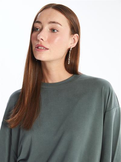 Pau - Modal Oysho Kumaş Düz Oversize Tshirt- Haki