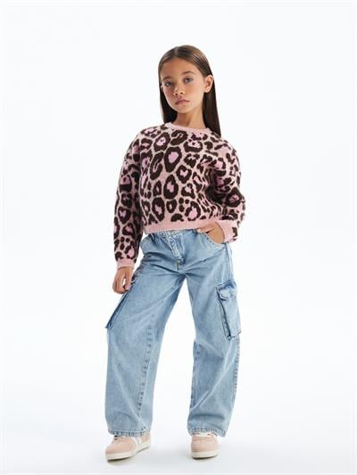 Pink Leopard - Leopar Desen ve Bisiklet Yaka Triko Kazak - Pembe Leopar Renk