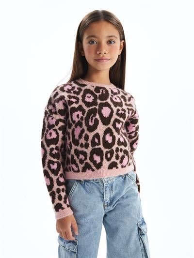 Pink Leopard - Leopar Desen ve Bisiklet Yaka Triko Kazak - Pembe Leopar Renk