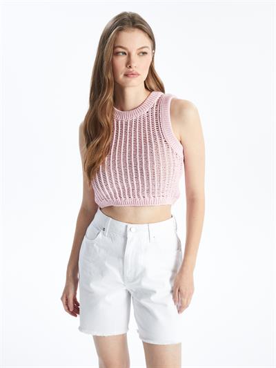 Pordenone - Bisiklet Yaka Ajurlu Crop Fit Kolsuz Triko Bluz - Pembe Renk