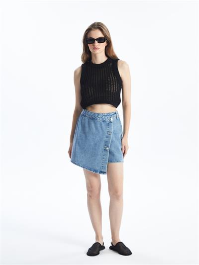 Pordenone - Bisiklet Yaka Ajurlu Crop Fit Kolsuz Triko Bluz - Siyah Renk