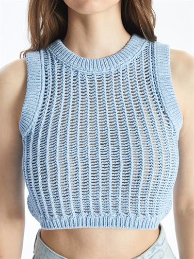 Pordenone - Bisiklet Yaka Ajurlu Crop Fit Kolsuz Triko Bluz - Mavi Renk