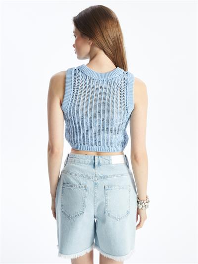 Pordenone - Bisiklet Yaka Ajurlu Crop Fit Kolsuz Triko Bluz - Mavi Renk