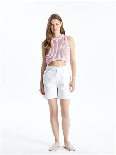 Pordenone - Bisiklet Yaka Ajurlu Crop Fit Kolsuz Triko Bluz - Pembe Renk