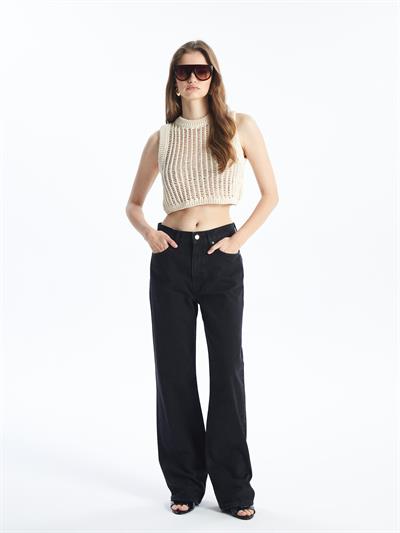 Pordenone - Bisiklet Yaka Ajurlu Crop Fit Kolsuz Triko Bluz - Ekru Renk