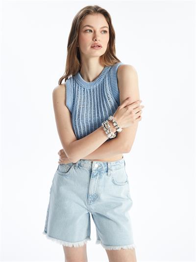 Pordenone - Bisiklet Yaka Ajurlu Crop Fit Kolsuz Triko Bluz - Mavi Renk